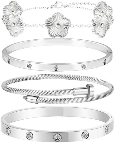 18K Gold Bracelets for Women - Stackable Clover & Nail Love Bangle Set - Non-Tarnish Stainless St... | Amazon (US)
