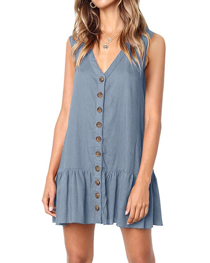 Imysty Womens Polka Dot V Neck Button Down Ruffles Loose Mini Short T-Shirt Dress | Amazon (US)