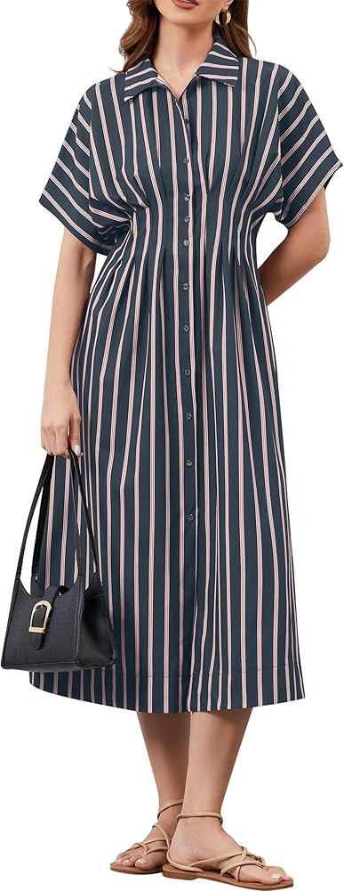 Women Button Front Pleated Shirt Maxi Dress Summer Striped Prints Short Sleeve Collar Casual Long... | Amazon (US)