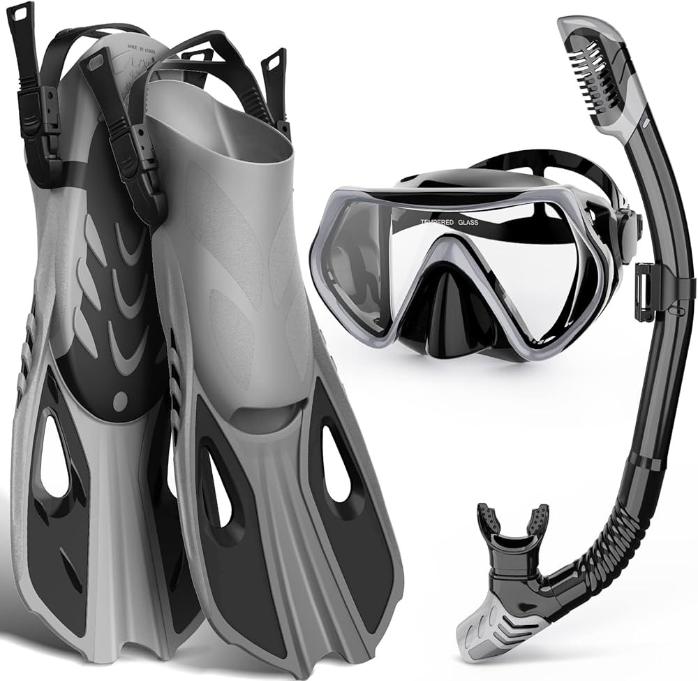 Mask Fin Snorkel Set, Snorkeling Gear for Adults with Panoramic View Mask, Dry Top Snorkel, Adjus... | Amazon (US)