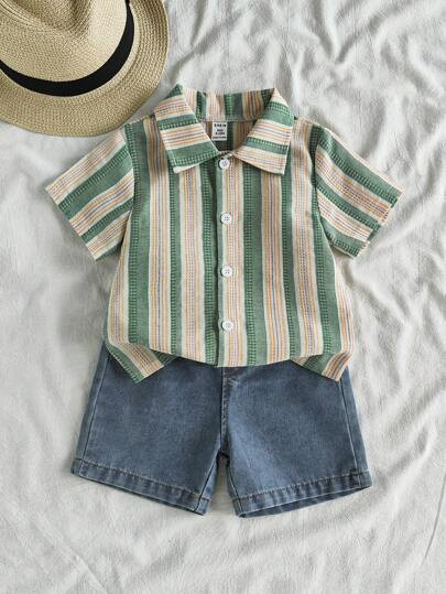 SHEIN Vintaside Kids Baby Boy Spring Summer Casual Outfit: Striped Short Sleeve Polo Shirt And Fa... | SHEIN
