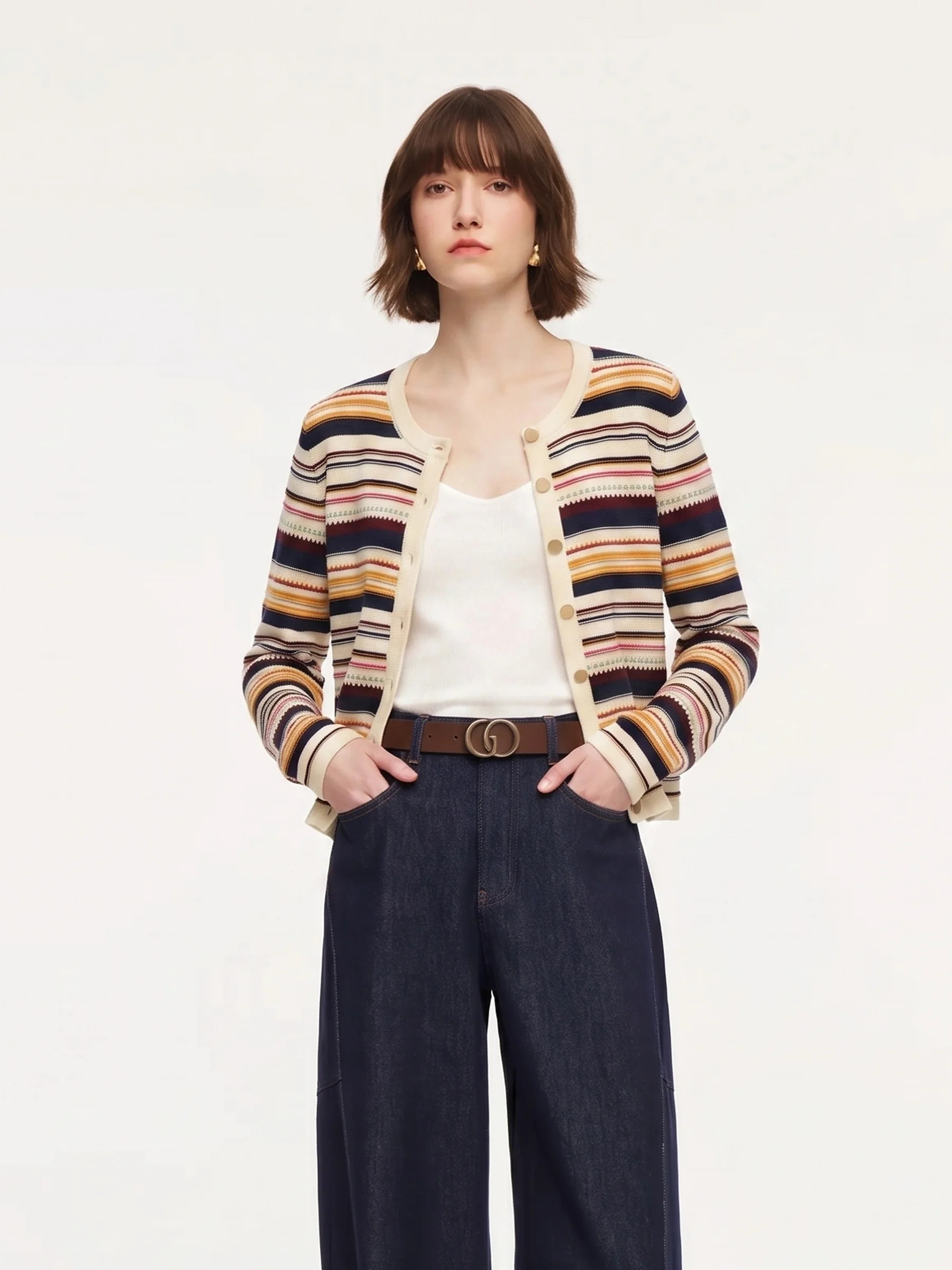 Vorbestellung 100% Baumwolle Mehrfarbig gestreifter Damen Cardigan | GOELIA