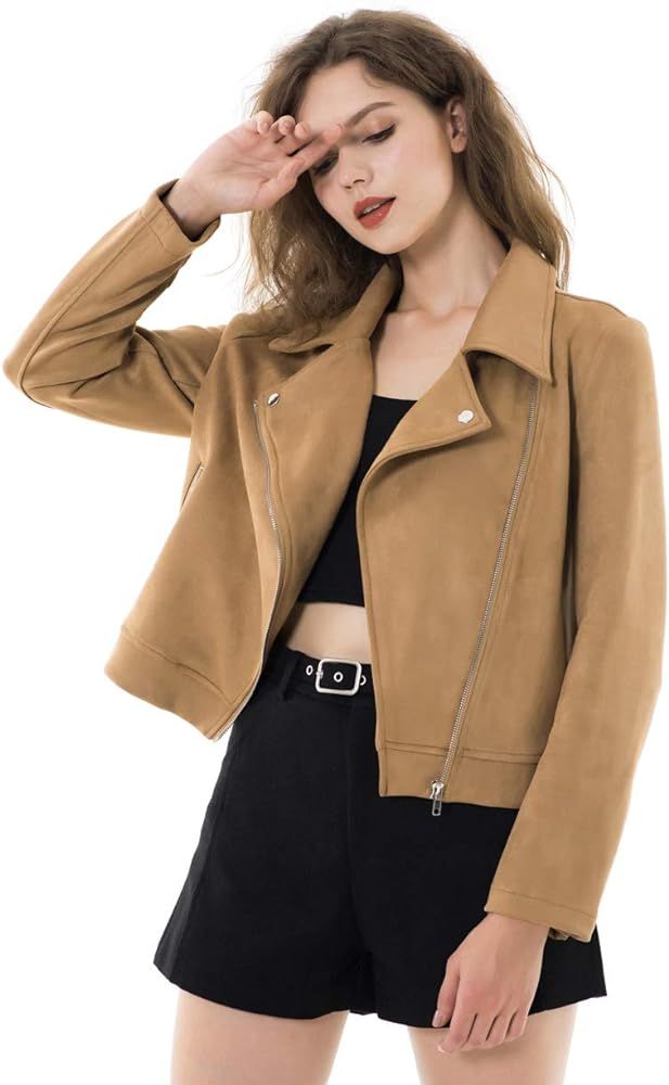 Apperloth Faux Suede Jackets for Women Long Sleeve Zipper Short Moto Biker Coat | Amazon (US)
