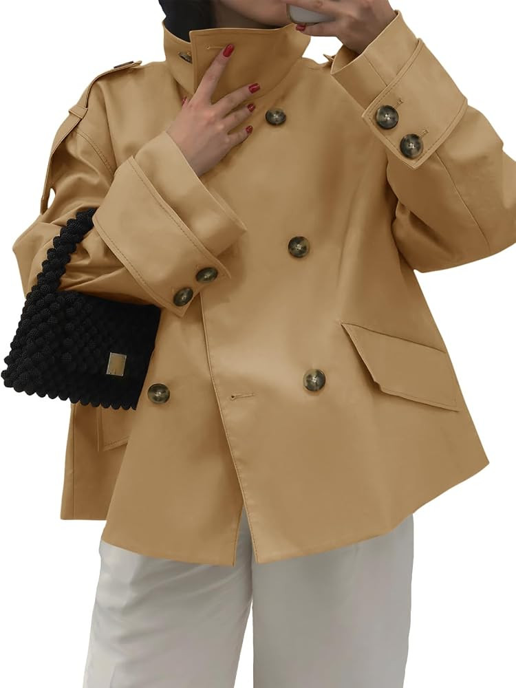 Tankaneo Womens Cropped Trench Coat Oversized Double Breasted Casual Jacket | Amazon (US)