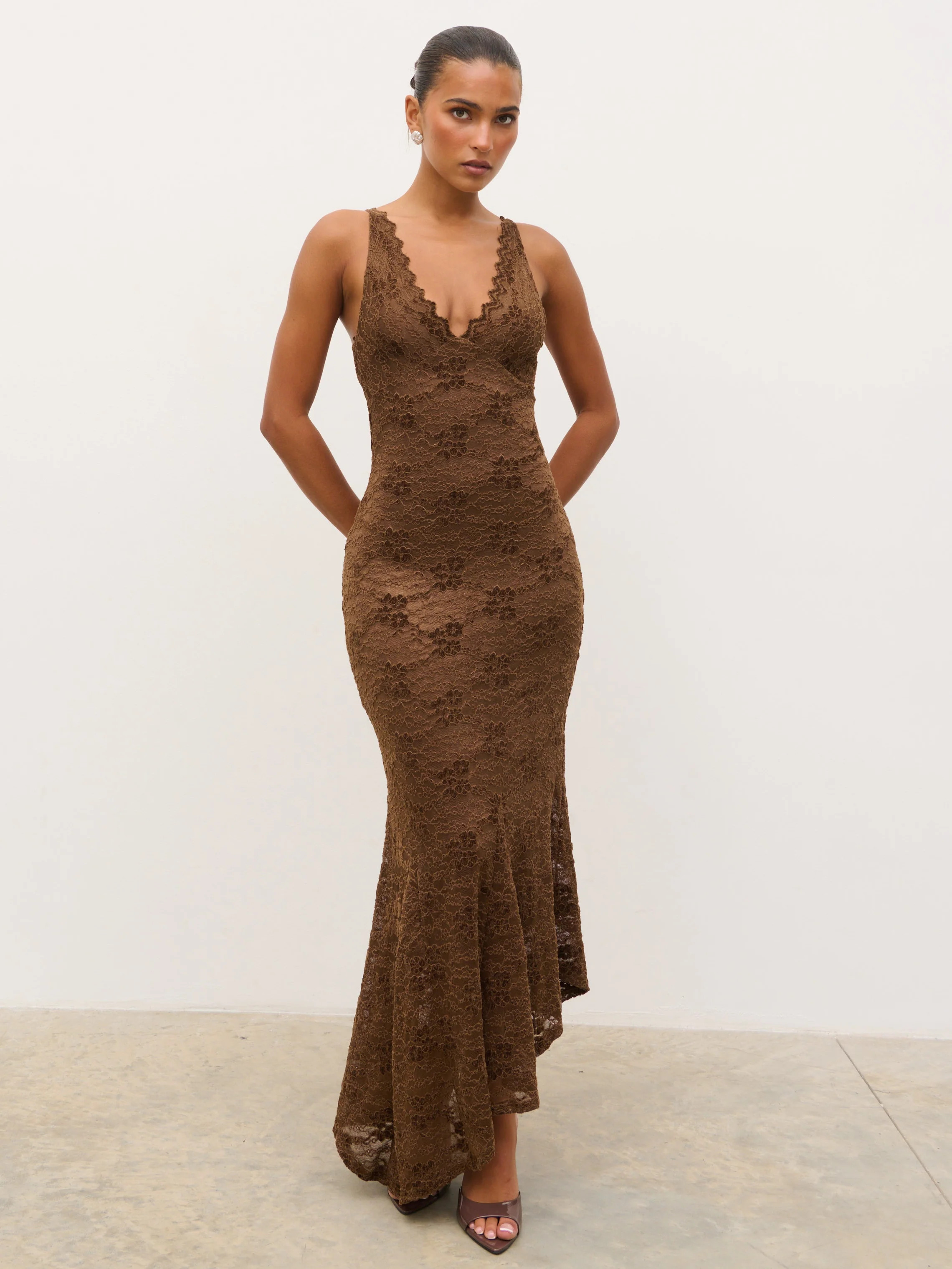 Zoey Lace Midaxi Dress - Brown | Pretty Lavish (UK)