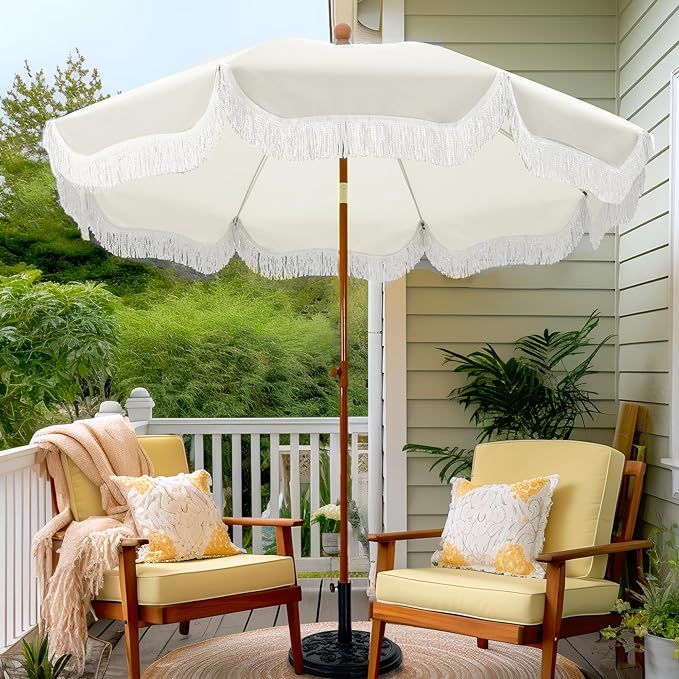 PHI VILLA 7ft Patio Umbrellas with Fringe, Outdoor Tilt Beach Umbrella Portable for Sand, UPF 50+... | Amazon (US)