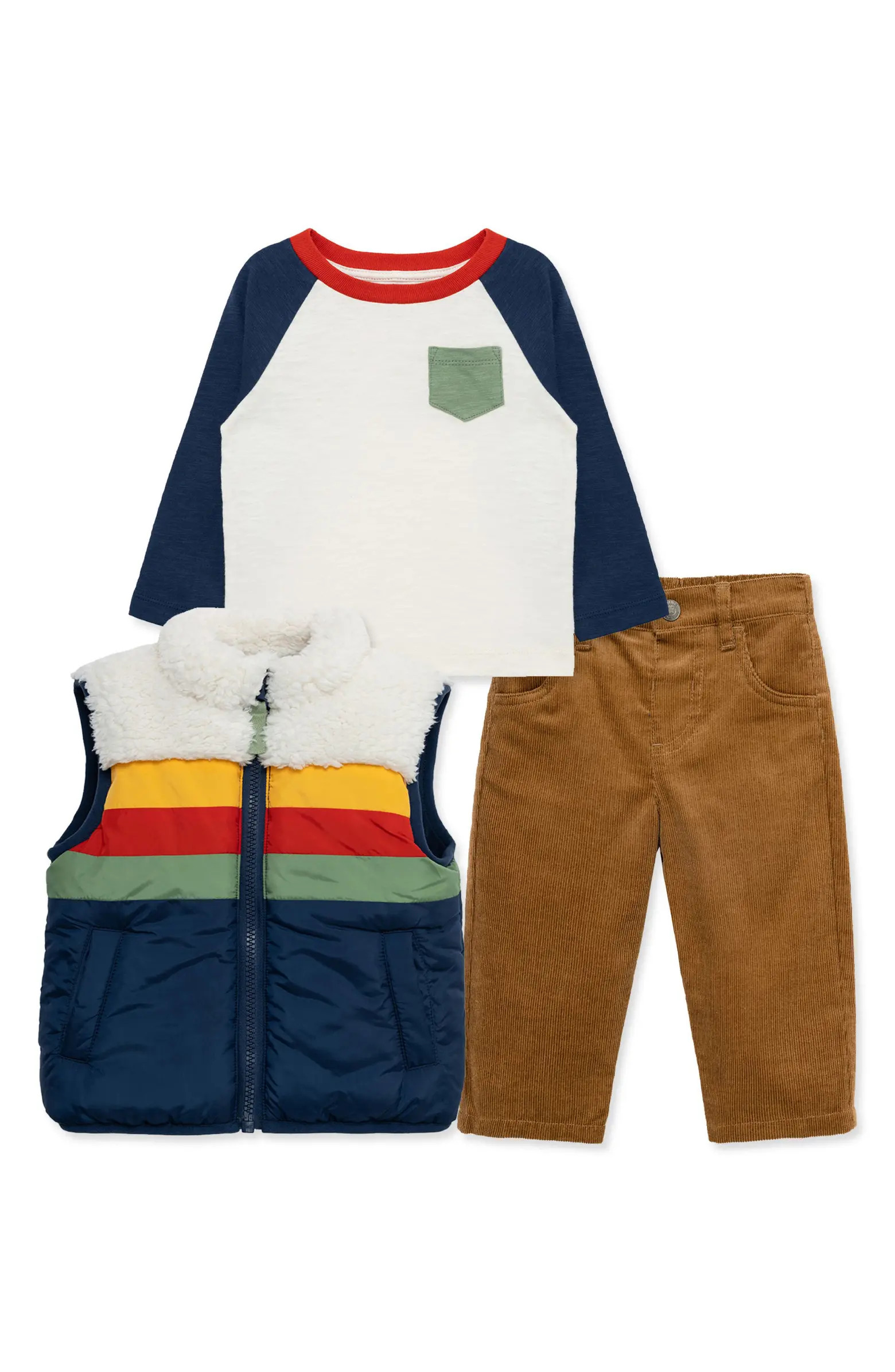 Little Me Colorblock Puffer Vest, T-Shirt & Corduroy Pants Set | Nordstrom | Nordstrom