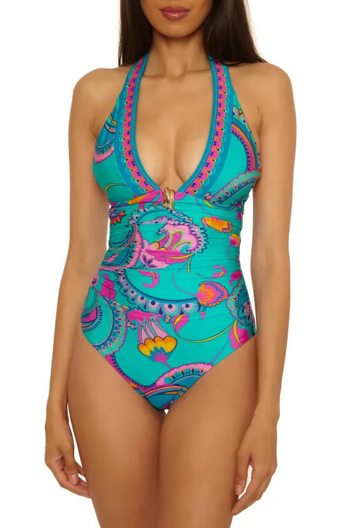 Trina Turk Mykonos Plunge One-Piece Swimsuit in Turquoise Multi at Nordstrom, Size 4 | Nordstrom