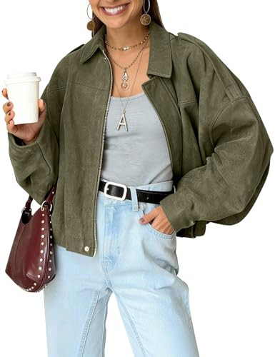 Kissonic Women's Oversized Jackets Faux Suede Bomber Jacket Lapel Pilot Cropped Casual Coat for Streetwear Outerwear(Green-L) | Amazon (US)