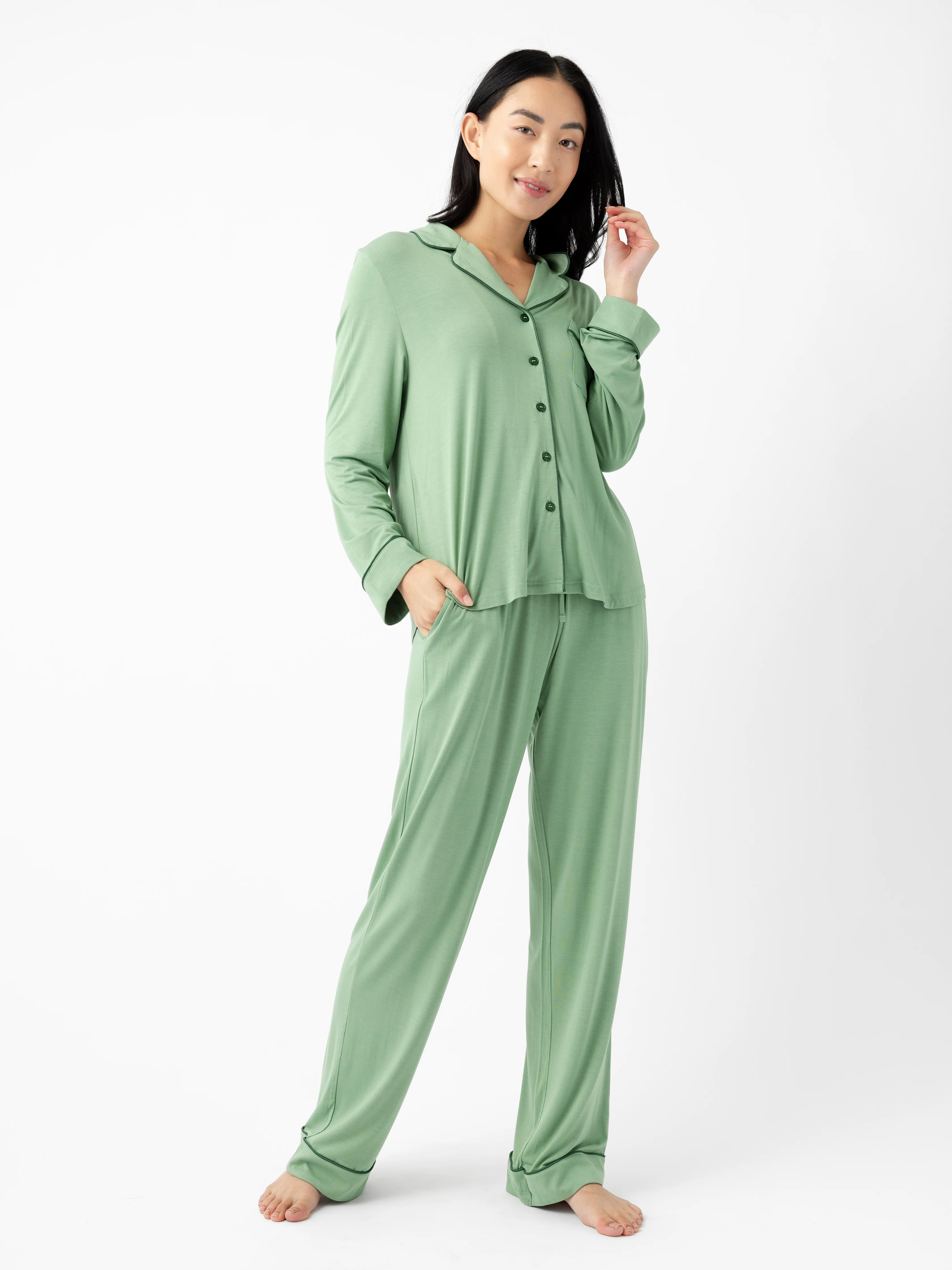 Women's Bamboo Viscose Stretch-Knit Long Sleeve Shirt Pajama Set - Last Chance in Fern (Size: Small) - Cozy Earth | Cozy Earth