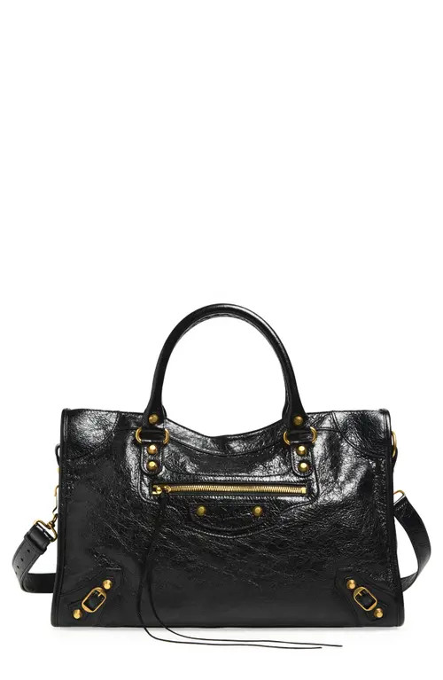 Balenciaga Medium Le City Crinkled Leather Tote in 1000 Black at Nordstrom | Nordstrom