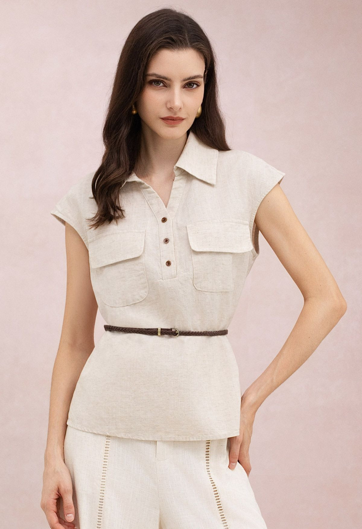 Collared Flap Pockets Belted Linen-Blend Top for Office Day & Weekend Plan | Chicwish
