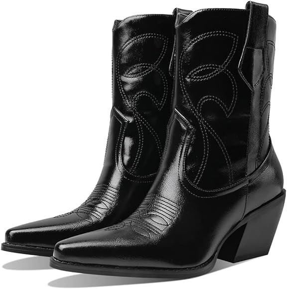 femflame Western Booties for Women Chunky Heel Cowboy Boots Embroidery Pull-on Vintage Cowgirl Ankle | Amazon (US)