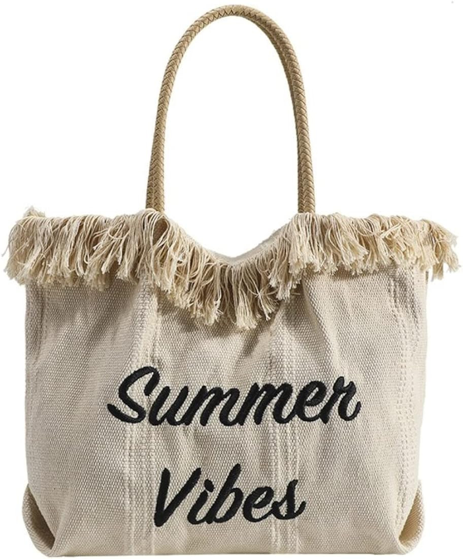 WEIIYONN Large Beach Bag Tote Bag for Women Summer Vibe Shoulder Bag with Tassels Aesthetic Handbag  | Amazon (US)