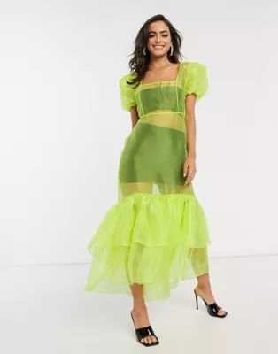 Unique21 organza midi dress with peplum in neon green | ASOS (Global)