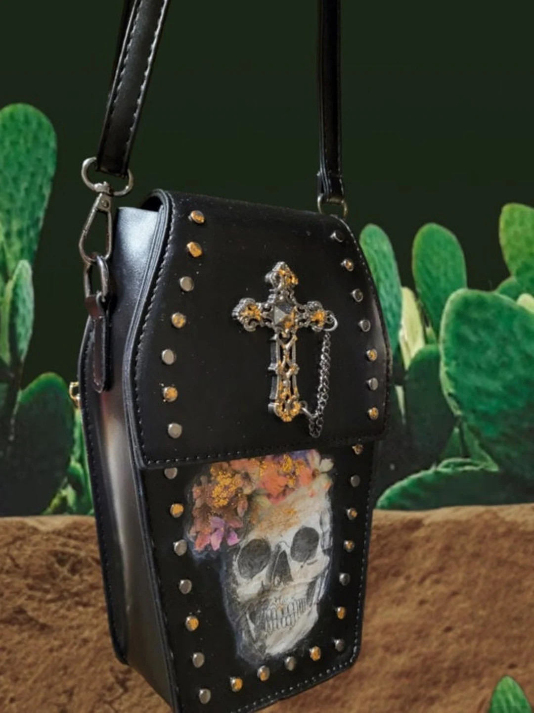 Unique Gothic Style, Coffin Shaped Halloween Bag With Skull, Cross and Flowers, Made of PU Leathe... | Etsy (US)
