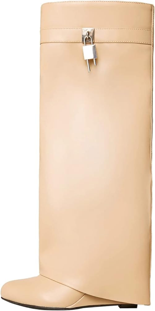 Kluolandi Women's Fold Over Knee High Boots with Metal Padlock Covered Wedge Heel Wide Calf Pull ... | Amazon (US)