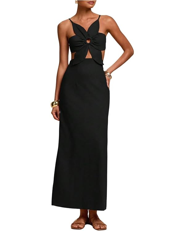 SHENHE Women's Petal Backless Linen Maxi Dress Keyhole Cut Out Vacation Zipper Long Dresses | Amazon (US)