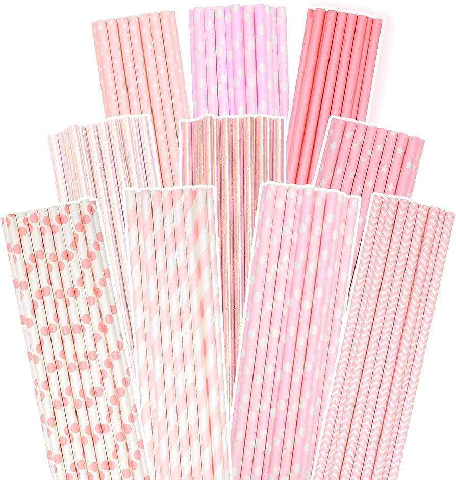 Pink Paper Straws for Drinking Pink Disposable Straws 150pcs Disposable Straws Bulk（10 Pattern... | Amazon (US)