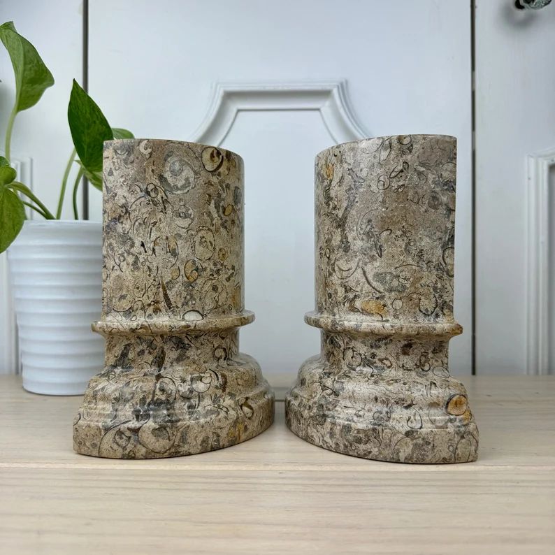 Set of 2 Vintage Fossil Stone Column Bookends, Carved Stone Bookend Pair - Etsy | Etsy (US)