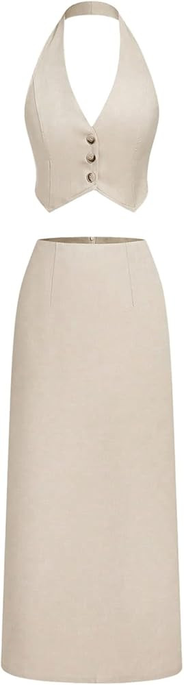 Women's Elegant 2 Piece Outfits Button Front Halter Neck Vest Crop Top Tank Top and Zipper Cack S... | Amazon (US)