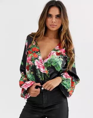PrettyLittleThing wrap front body in black floral | ASOS US