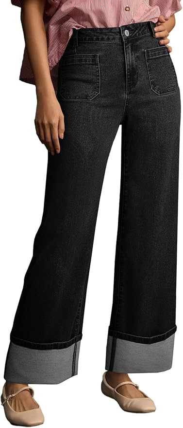 EVALESS Womens Jeans High Waisted Stretchy Cuffed Wide Leg Denim Pants with Pockets | Amazon (US)
