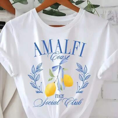 Amalfi Coast Lemon Tree Graphic T-Shirt For Women, Casual Round Neck Short Sleeve Knit Tee, Regular Length, All Seasons | SHEIN