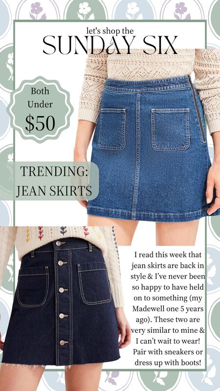 In case you haven’t heard, jean skirts are back in style and I’m so excited for it! Love the shape of these denim mini skirts, super flattering and cute for fall! Pair with white sneakers or dress up with boots for a date night, running errands, lunch with friends, or a day at the apple orchard or pumpkin patch. On sale this weekend for under $50! 

Loft, Boden, classic style, mom outfit, ootd, casual, preppy, sale, affordable #loft #sale #skirt #fallfashion #momstyle 

#LTKstyletip #LTKsalealert #LTKunder50