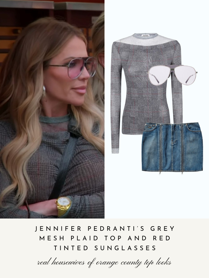Jennifer Pedranti's Grey Mesh Plaid Top and Red Tinted Sunglasses 

 