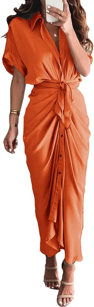 Linsery Women Elegant Satin Button Down Short Sleeve Maxi Shirt Dress with Belt | Amazon (US)