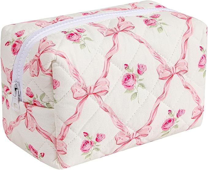 Quilted Cotton Makeup Bag Travel Cosmetic Bag for Women Girls, Zipper Make Up Pouch, Bow Pattern ... | Amazon (US)