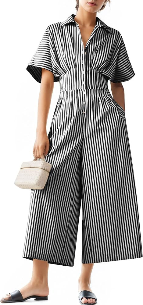 Cotton Summer Wide Leg Jumpsuits 2025 Women Elegant Striped Short Sleeve Long Rompers Button Down... | Amazon (US)