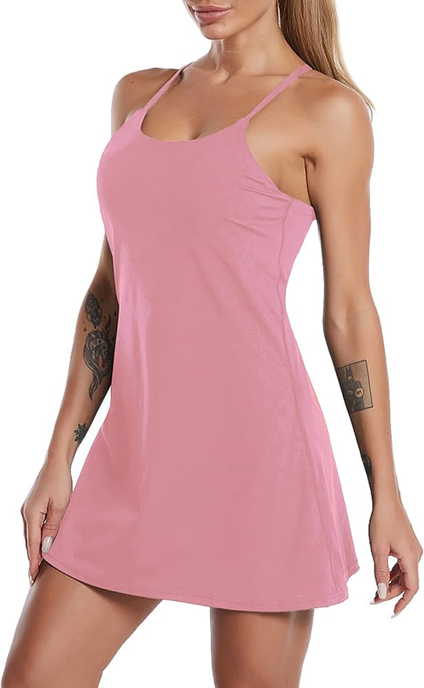 Women's Sleeveless Exercise Tennis Dress with Built-in Bra & Shorts Golf Workout Athletic Dresses Po | Amazon (US)