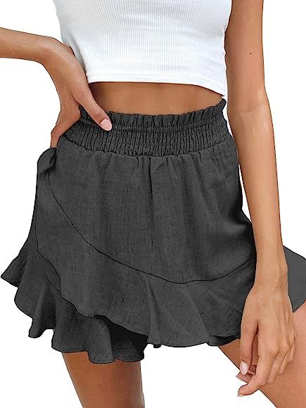 BNOOUIL Women's Beach Shorts Elastic High Waist Comfy Ruffle Wrap Skorts Loose Cute Summer Mini S... | Amazon (US)