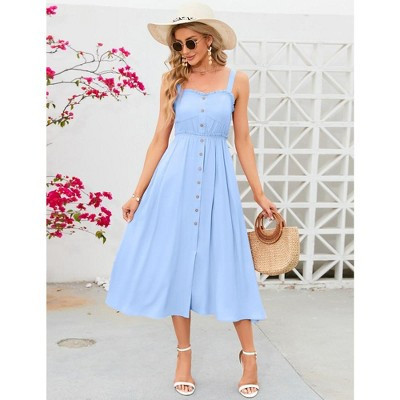 Women's Dress Casual Summer Spaghetti Strap Dress Button Down Sleeveless A Line Beach Swing Midi Sundress Blue S | Target