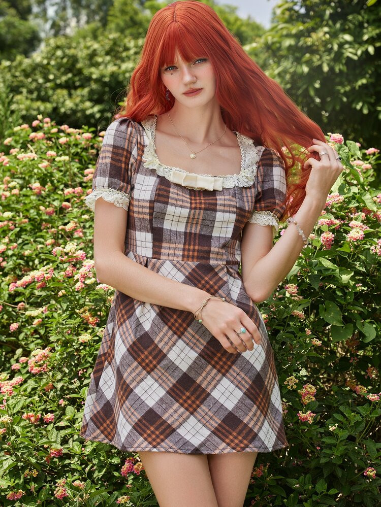 ROMWE Fairycore Plaid Print Frill Trim Dress | SHEIN