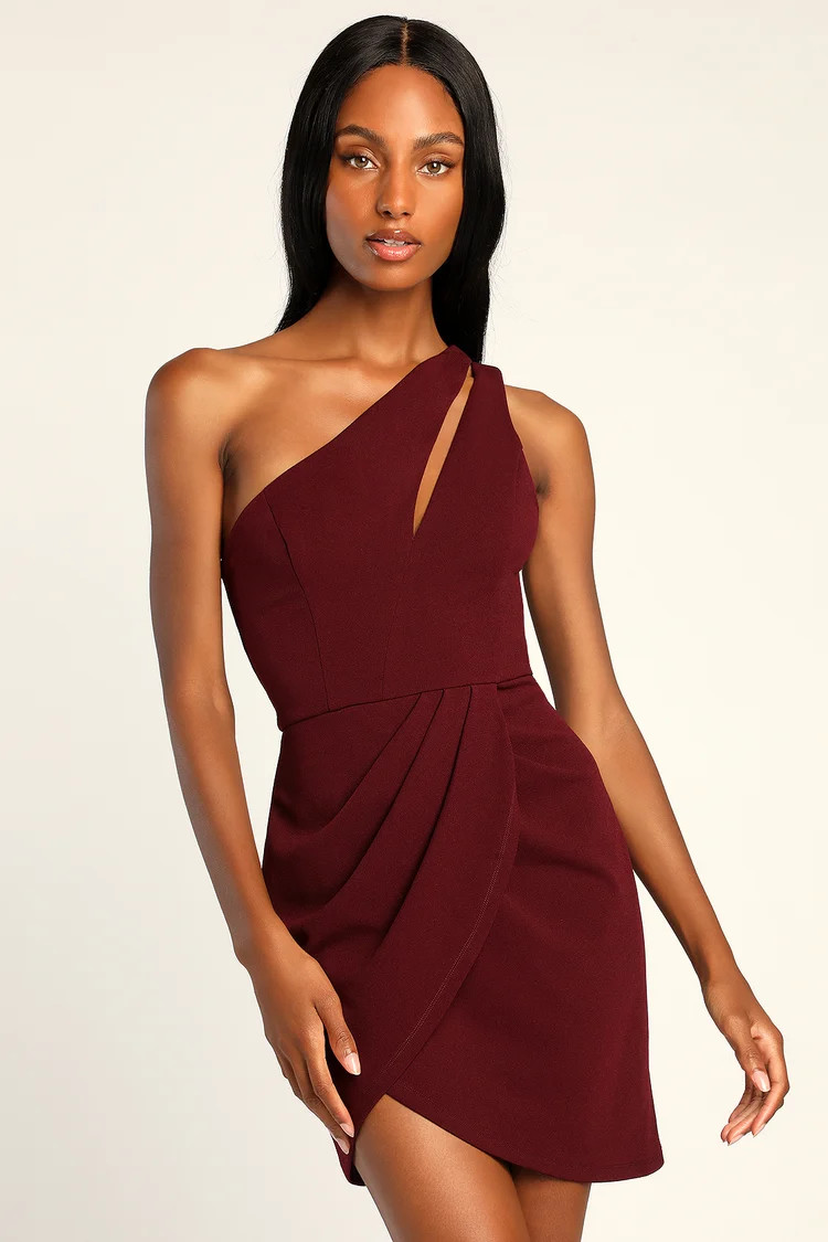 Enchanting Essence Burgundy One-Shoulder Cutout Tulip Mini Dress | Lulus (US)