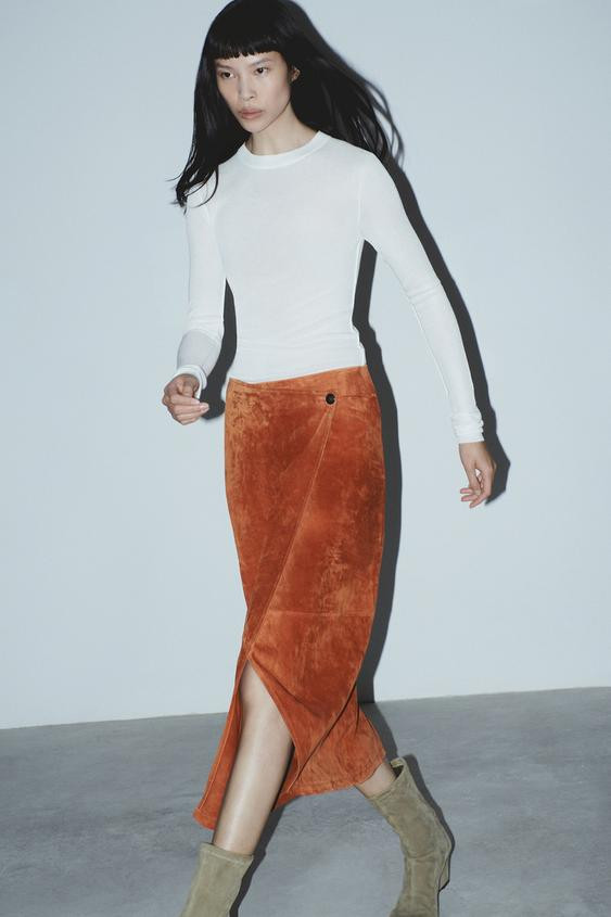 100% SUEDE LEATHER WRAP MIDI SKIRT | Zara UK