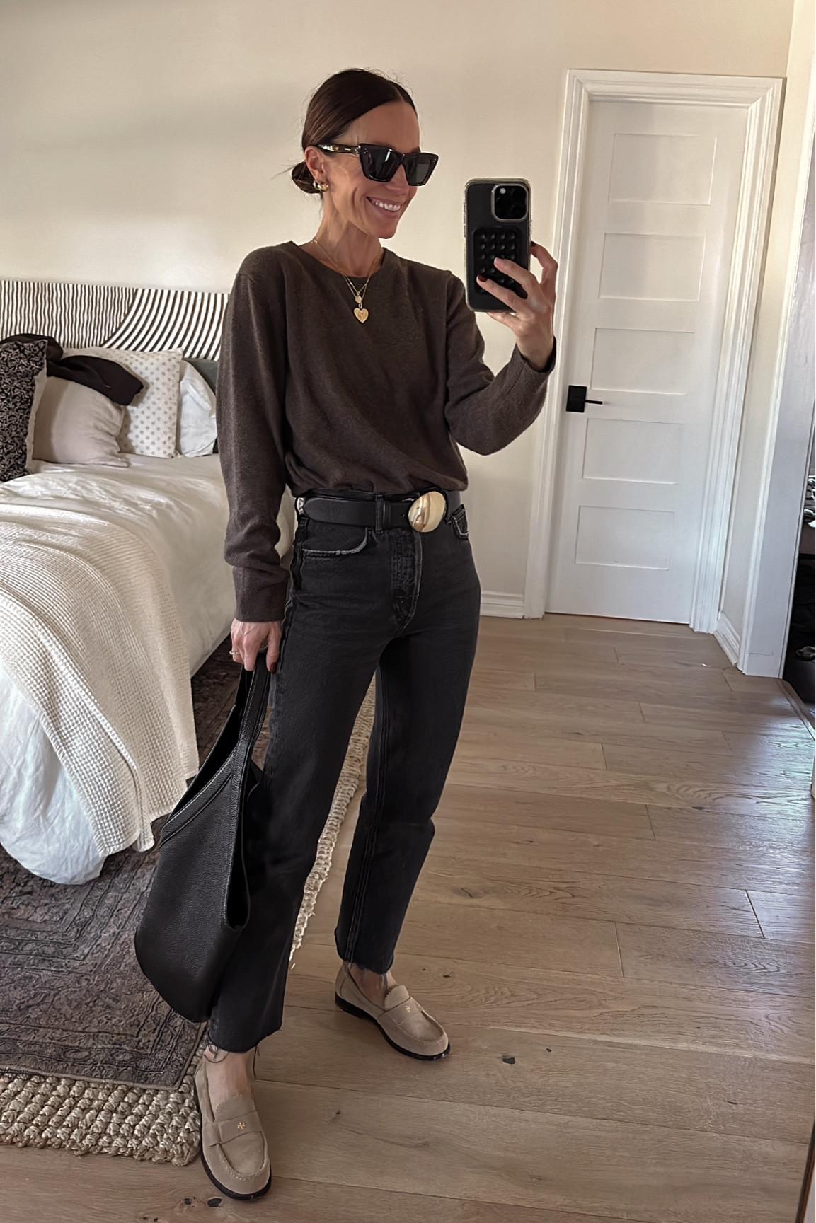 Today’s outfit from November’s capsule 
Jeans are tts and I cut the hem 
$50 cashmere sweater (I went up 2 sizes for a looser fit) 
Loafers are so comfortable (took one wear with socks to break them in) and run tts 

#LTKOver40