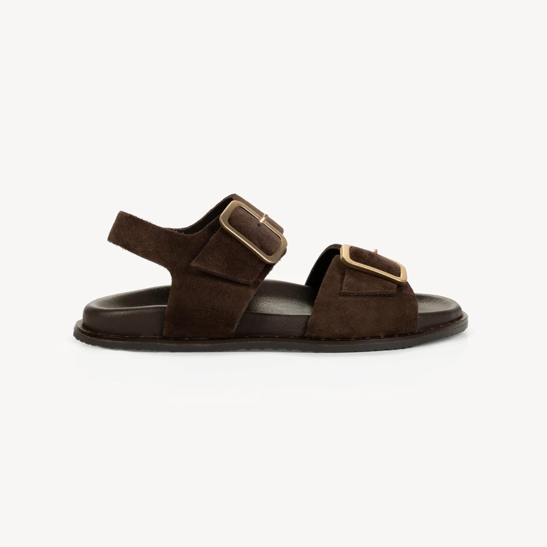Gala Two Bar Back Strap Sandals: Chocolate Brown Suede | Air & Grace