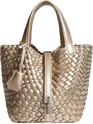 Lock Design Woven Bucket Purse for Women, Vegan Leather Tote Bags, Top Handle Handbag Shoulder Ba... | Amazon (US)