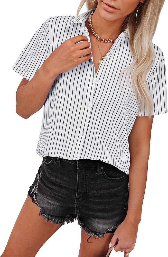 siliteelon Striped Button Down Shirts for Women Cotton Short Sleeve Blouses Collared Shirt Office... | Amazon (US)