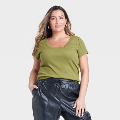 Women's Slim Fit Short Sleeve Ribbed Scoop Neck T-Shirt - A New Day™ Olive 3X | Target