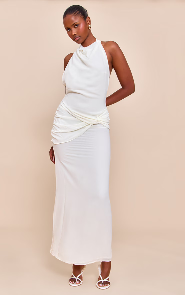 Cream Chiffon Twist Detail Maxi Dress | PrettyLittleThing US