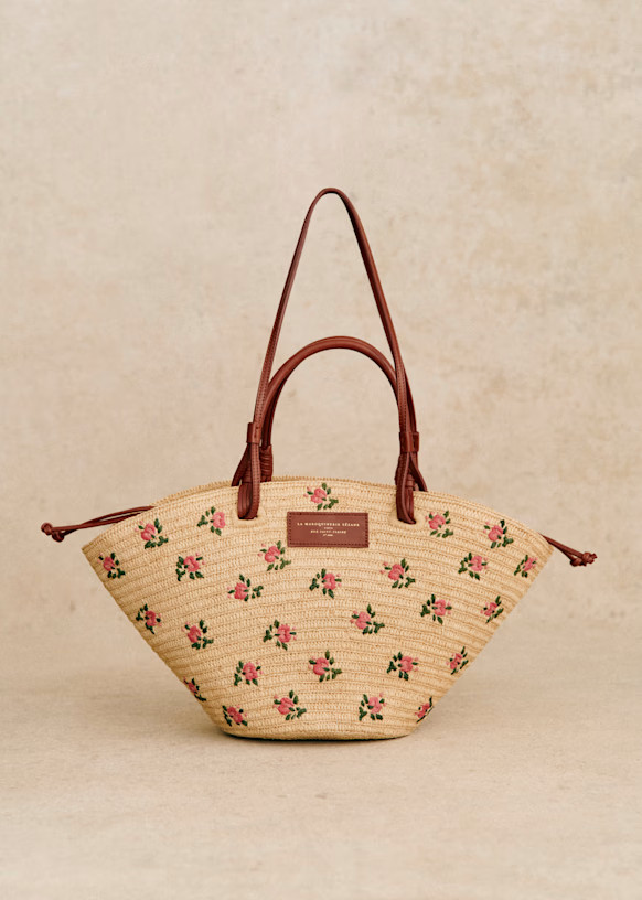 Panier Justine - Raphia Broderie Fleurs Rose - Raphia - Sézane | Sezane - FR