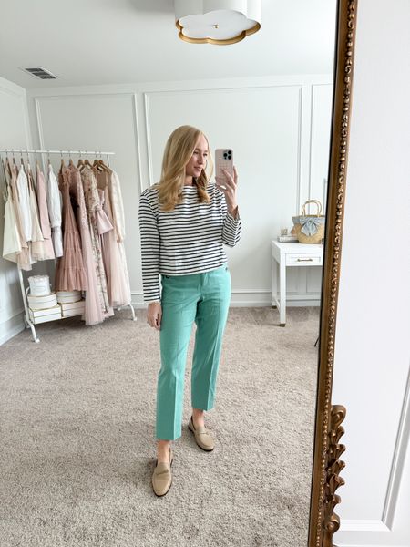 These are the cutest spring workwear pants from J. Crew Factory! I have them paired with this adorable striped top with bow detail in the back! Wearing size small in the top and size 4 in the pants! Spring outfits // workwear outfits // work pants // work tops // casual outfits // J.Crew Factory 

#LTKworkwear #LTKstyletip #LTKSeasonal