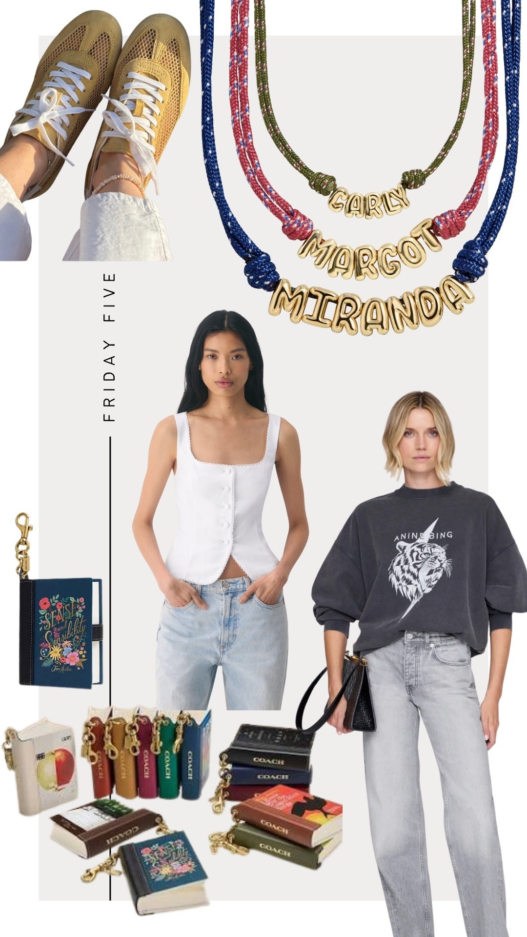 Friday Five 3-6-26:
Coach Book Bag Charms 
Baublebar Parachord Necklace 
Marc Fisher Lexxy Mesh Sneakers
Aritzia Vest Top 
Anine Bing Sweatshirt 



#LTKhaul