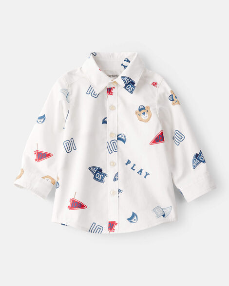 Baby Boy Varsity Bear Print Long-Sleeve Button-Down Shirt - White | Carter's Inc