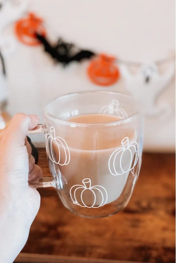 Pumpkin Double Wall Coffee Mug, Double Wall Glass, Fall Coffee Mug, Pumpkin Coffee Cup | Etsy (US)
